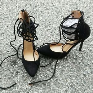 Chase + Chloe Black Suede Lace-Up Pointed Toe Stiletto Heels